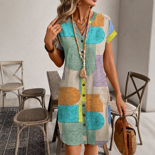 Geometric Print V-Neck Button-Up Summer Dress
