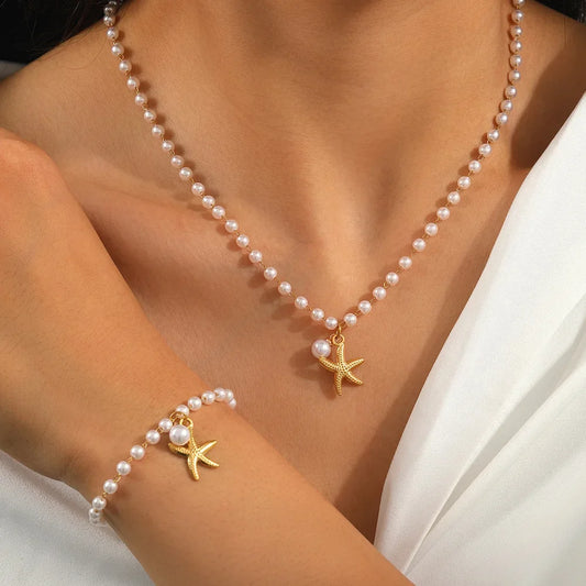 Pearl & Starfish Jewelry Set – Necklace, Bracelet & Earrings