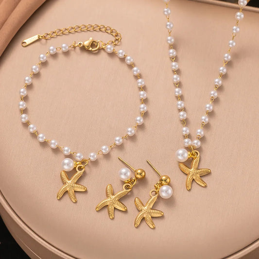 Pearl & Starfish Jewelry Set – Necklace, Bracelet & Earrings
